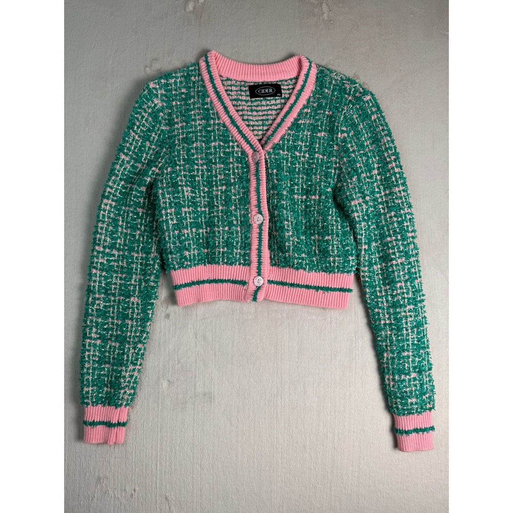 Cider Green Pink Tweed Womens‎ Cropped Cardigan Sweater Metallic Knit XS